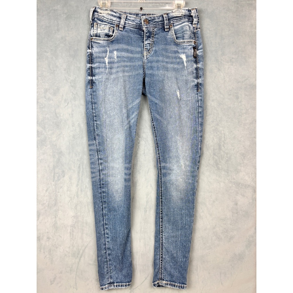 Silver Jeans Co Girlfriend Medium Wash Distressed Denim W26 L29 L27137SJL388